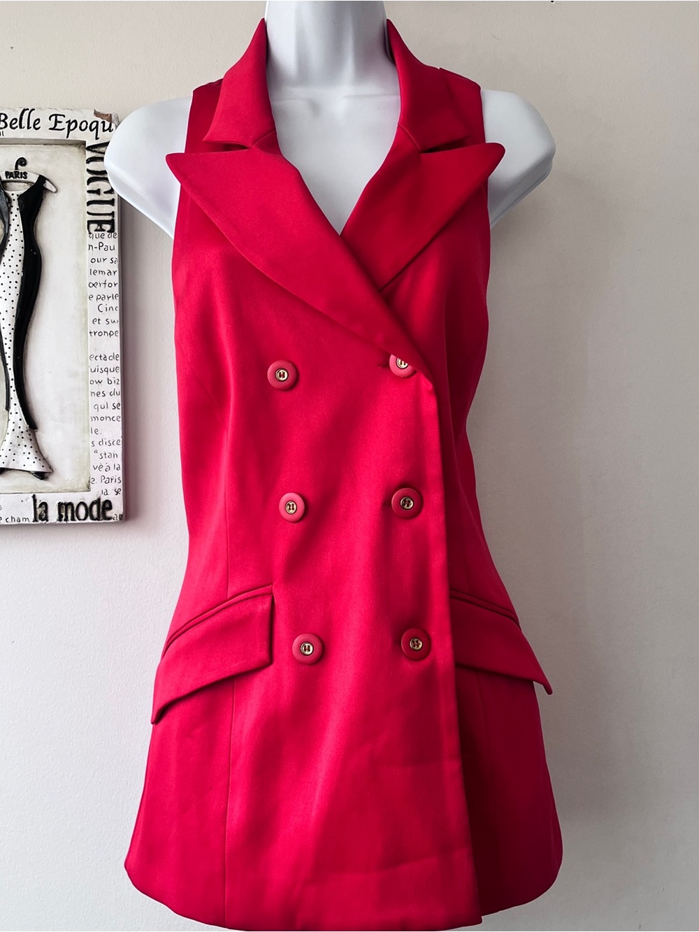 Vintage Stanley Blacker For Gantos Double-Breasted Satin Red Tuxedo Mini Dress 6